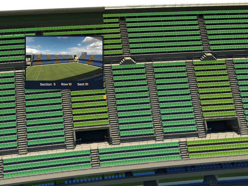 A three-dimensional stadium seating map. One seat is selected and a card shows the actual view of the pitch from it, labeled Section 5, Row 10, Seat 91.